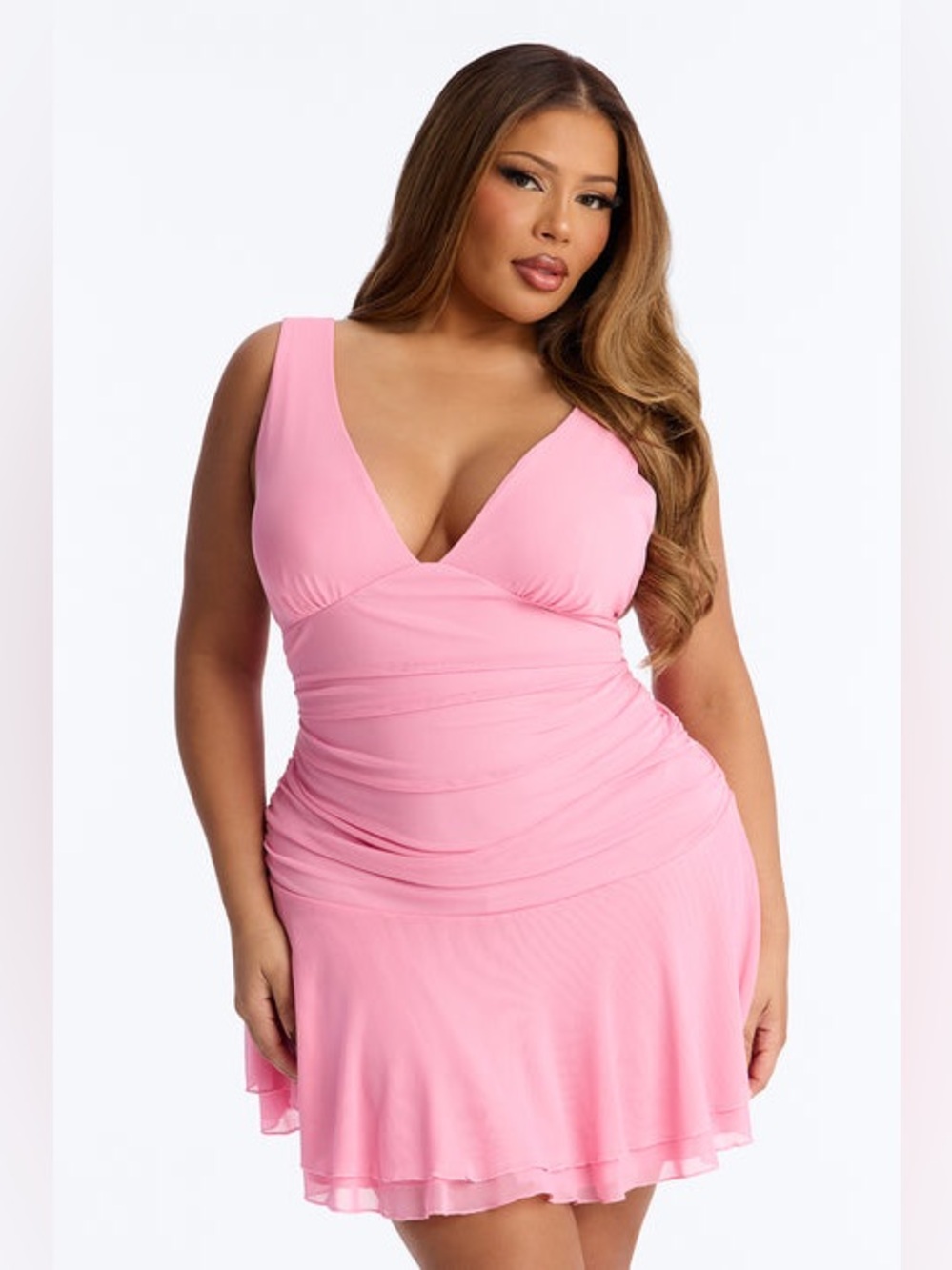 Fashion Nova Sydney Ruffle Mesh Mini Dress in Pink